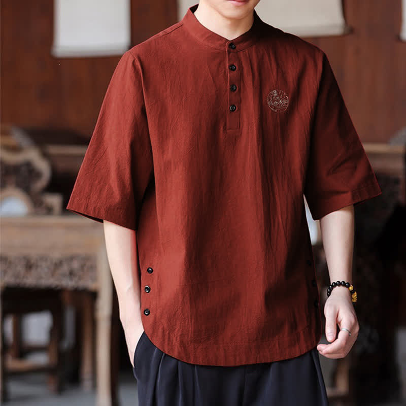 Buddha Stones Summer Casual Tang Style Mandarin Collar Solid Men's Short Sleeve Shirts - image 12