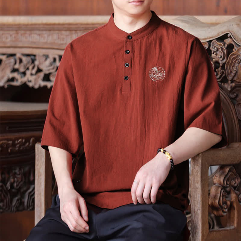 Buddha Stones Summer Casual Tang Style Mandarin Collar Solid Men's Short Sleeve Shirts - image 18