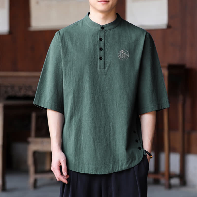 Buddha Stones Summer Casual Tang Style Mandarin Collar Solid Men's Short Sleeve Shirts - SeaGreen - US/UK/AU46, EU56 (5XL) - image 0