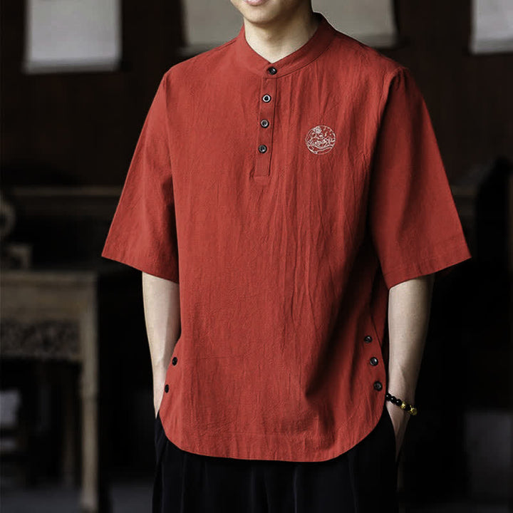 Buddha Stones Summer Casual Tang Style Mandarin Collar Solid Men's Short Sleeve Shirts - image 15
