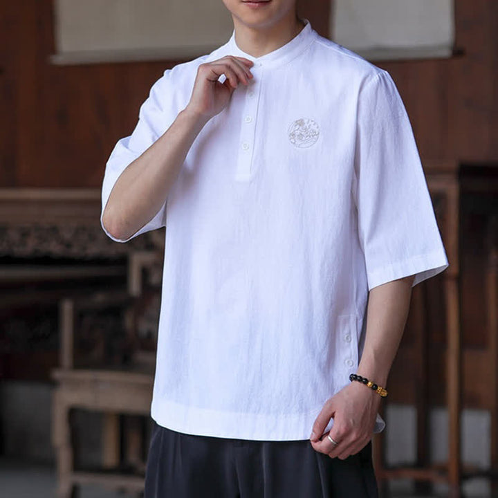 Buddha Stones Summer Casual Tang Style Mandarin Collar Solid Men's Short Sleeve Shirts - image 23