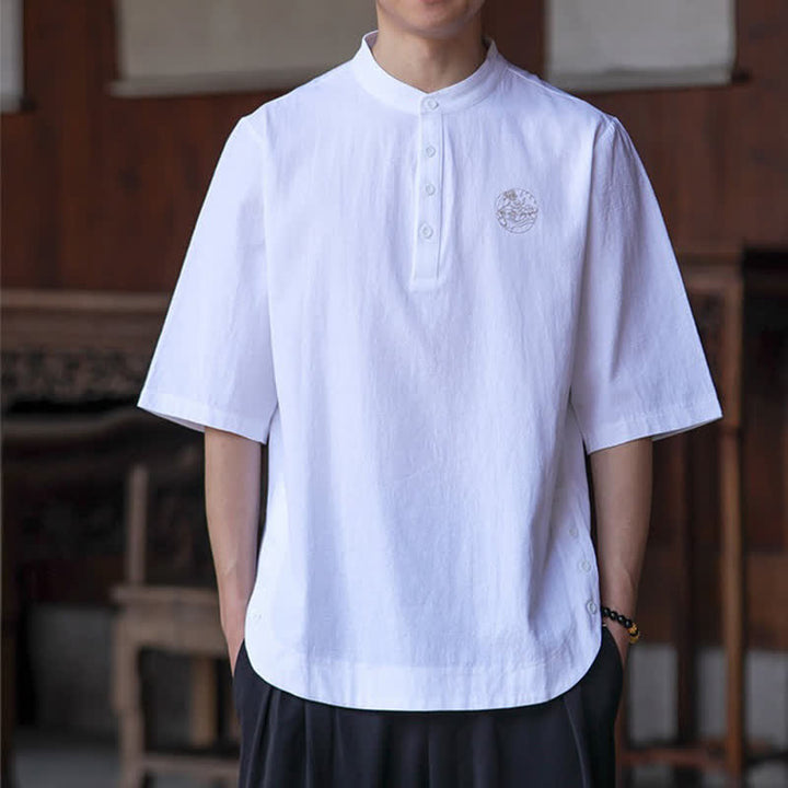 Buddha Stones Summer Casual Tang Style Mandarin Collar Solid Men's Short Sleeve Shirts - image 24