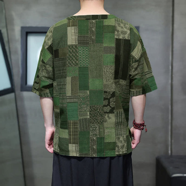 Buddha Stones Summer Casual Boho Patchwork Plaid Design Men's Short Sleeve Shirts With Patch Pocket - image 3