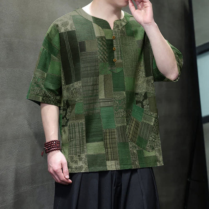 Buddha Stones Summer Casual Boho Patchwork Plaid Design Men's Short Sleeve Shirts With Patch Pocket - image 2
