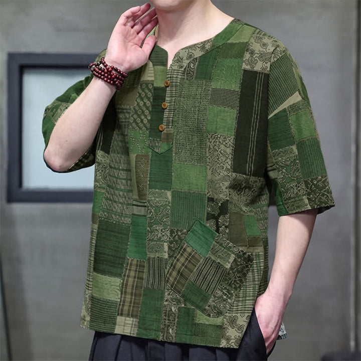 Buddha Stones Summer Casual Boho Patchwork Plaid Design Men's Short Sleeve Shirts With Patch Pocket - image 1