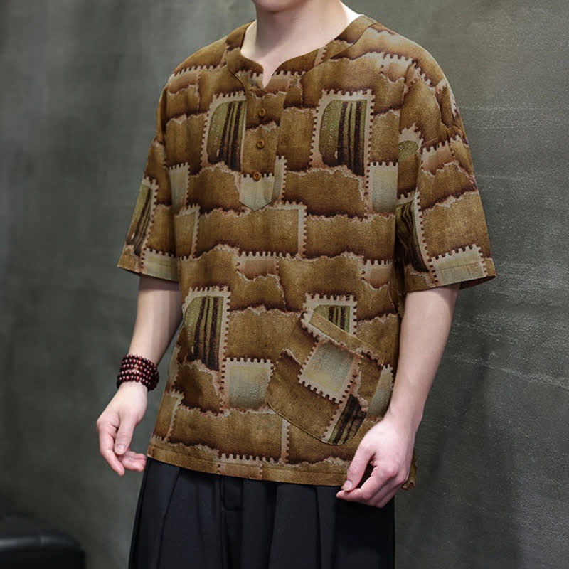 Buddha Stones Summer Casual Boho Patchwork Plaid Design Men's Short Sleeve Shirts With Patch Pocket - image 17