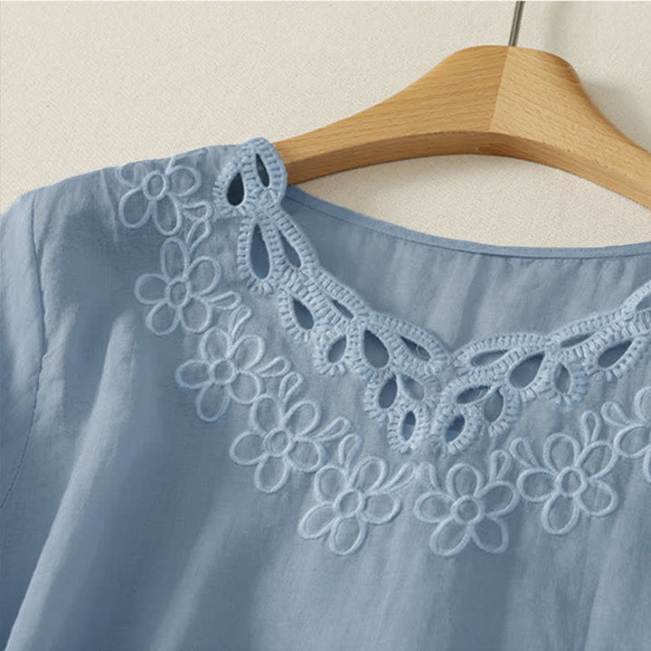 Buddha Stones Spring Summer Casual Vintage Crew Neck Embroidery Solid Women's Three-Quarter Sleeve T-Shirt - image 6