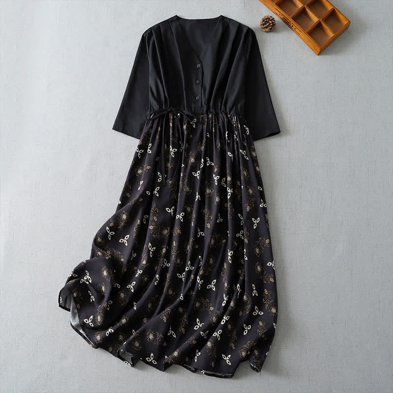 Buddha Stones Spring Summer Casual Vintage Button-Up Drawstring Floral Women's Short Sleeve Dress With Pocket - Black - US12, UK/AU16, EU44 (2XL) - image 11