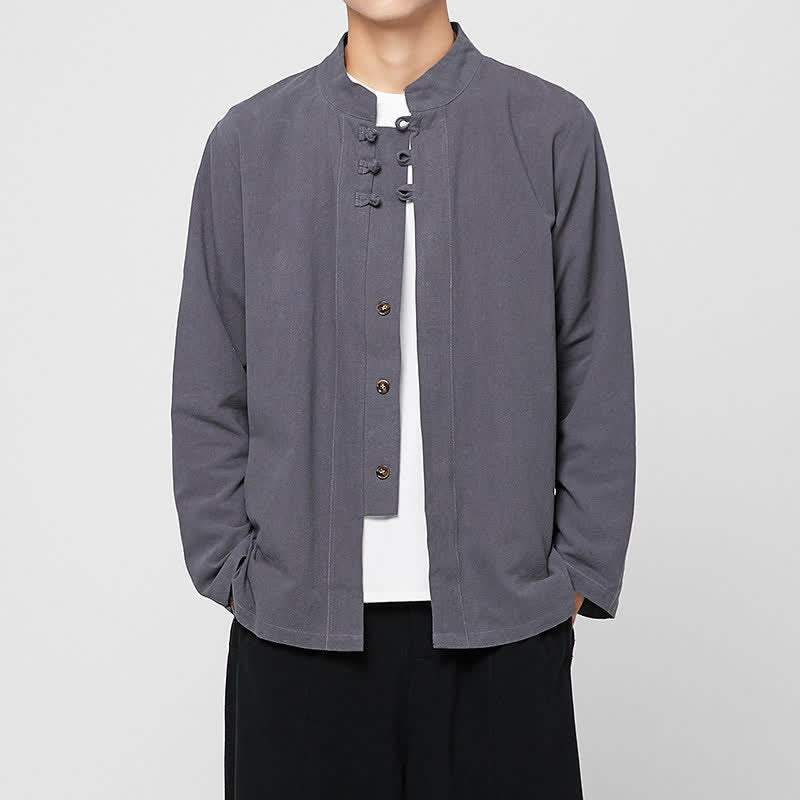Buddha Stones Spring Fall Tang Style Minimalist Mandarin Collar Frog Button Solid Men's Long Sleeve Shirts - SlateGray - US/UK/AU46，EU56 (5XL) - image 0