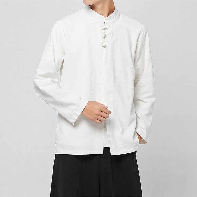 Buddha Stones Spring Fall Tang Style Minimalist Mandarin Collar Frog Button Solid Men's Long Sleeve Shirts - image 14