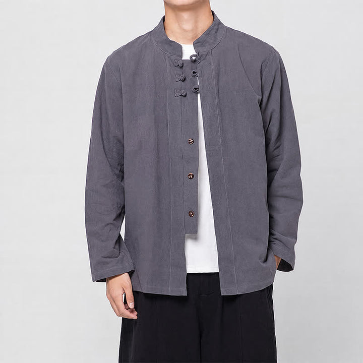 Buddha Stones Spring Fall Tang Style Minimalist Mandarin Collar Frog Button Solid Men's Long Sleeve Shirts - image 2
