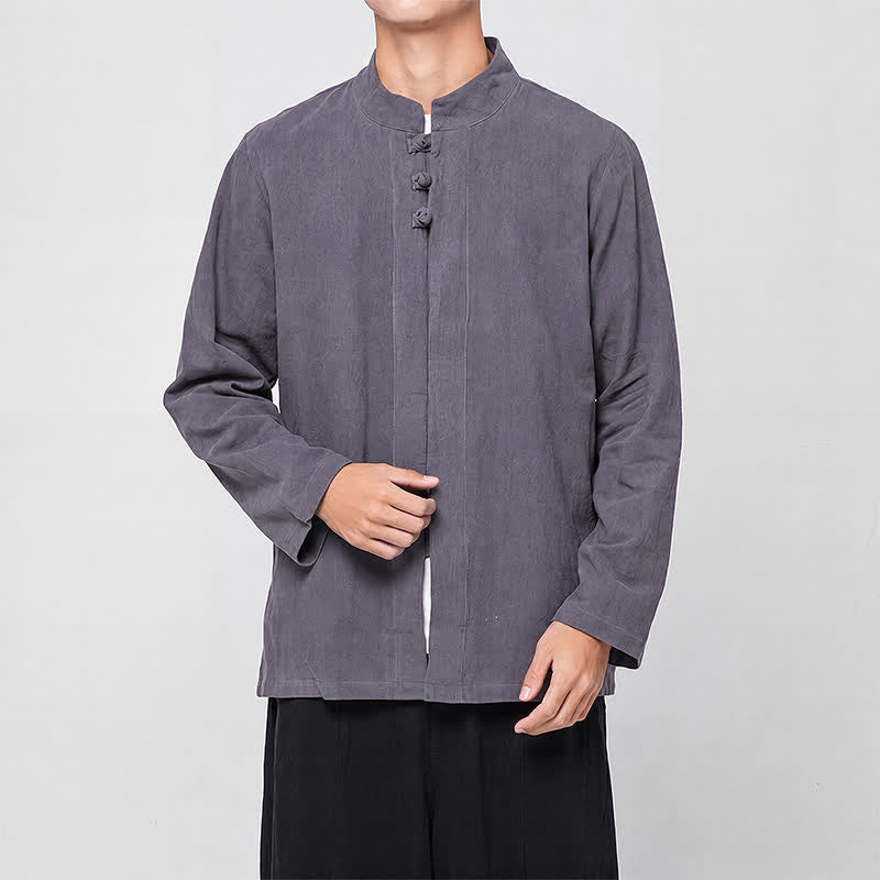 Buddha Stones Spring Fall Tang Style Minimalist Mandarin Collar Frog Button Solid Men's Long Sleeve Shirts - image 3