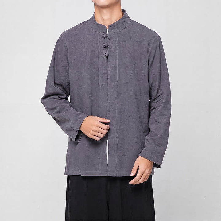 Buddha Stones Spring Fall Tang Style Minimalist Mandarin Collar Frog Button Solid Men's Long Sleeve Shirts - image 3