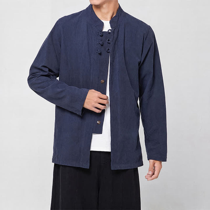 Buddha Stones Spring Fall Tang Style Minimalist Mandarin Collar Frog Button Solid Men's Long Sleeve Shirts - image 6