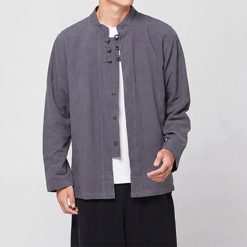 Buddha Stones Spring Fall Tang Style Minimalist Mandarin Collar Frog Button Solid Men's Long Sleeve Shirts - image 1