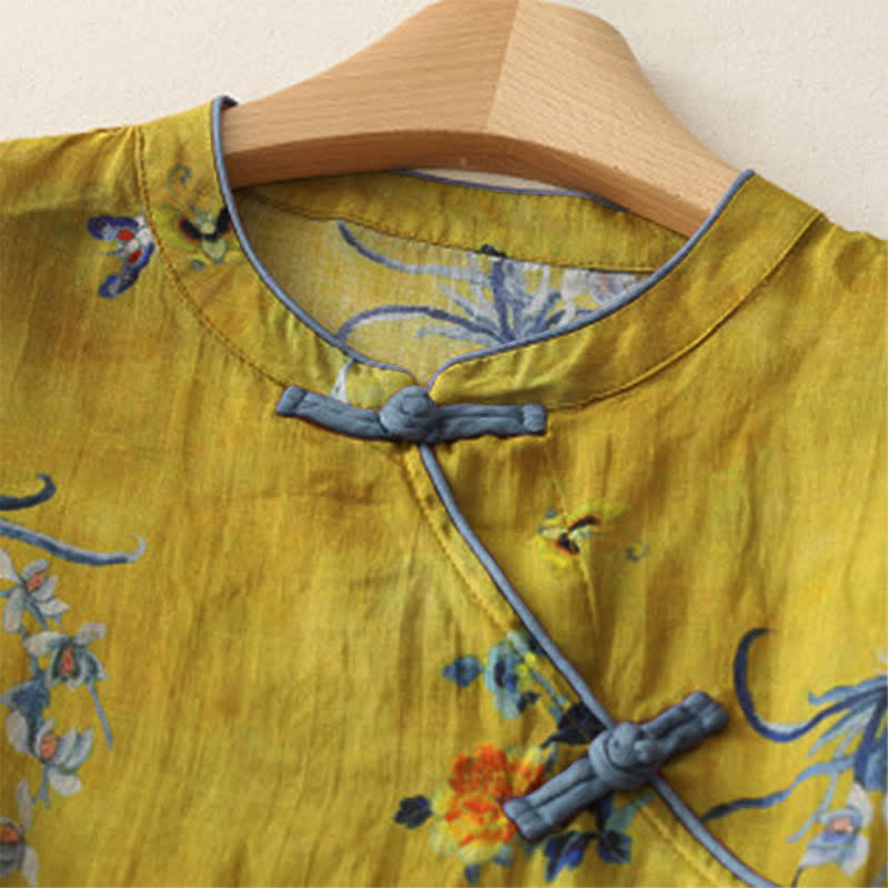 Buddha Stones Spring Vintage Tang Style Frog Button Orchid Floral Women's Long Sleeve Shirts - image 2