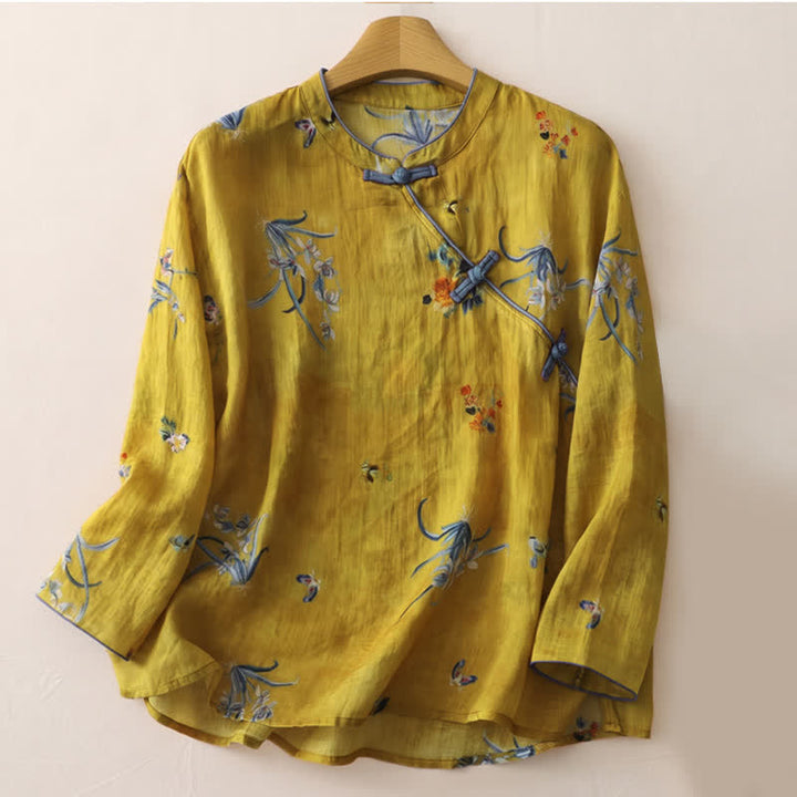 Buddha Stones Spring Vintage Tang Style Frog Button Orchid Floral Women's Long Sleeve Shirts - Goldenrod - US12, UK/AU16, EU44 (2XL) - image 0