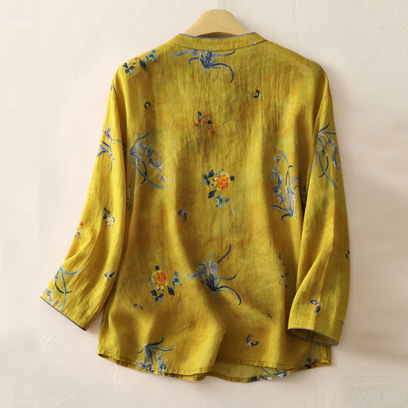 Buddha Stones Spring Vintage Tang Style Frog Button Orchid Floral Women's Long Sleeve Shirts - image 1