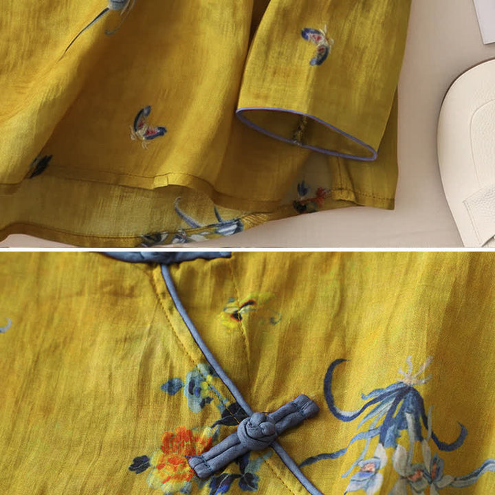Buddha Stones Spring Vintage Tang Style Frog Button Orchid Floral Women's Long Sleeve Shirts - image 4