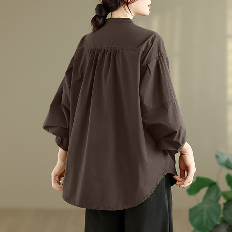 Buddha Stones Spring Fall Minimalist Tang Style Mandarin Collar Solid Women's Long Sleeve Shirts - image 2