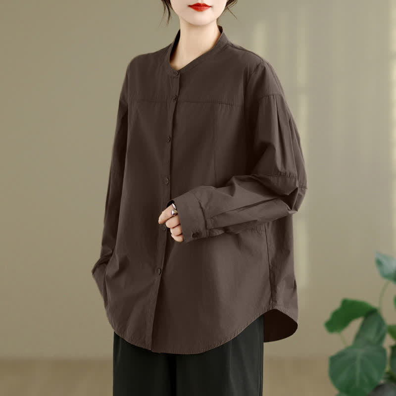 Buddha Stones Spring Fall Minimalist Tang Style Mandarin Collar Solid Women's Long Sleeve Shirts - SaddleBrown - US8-10, UK/AU12-14, EU40-42 (2XL) - image 0