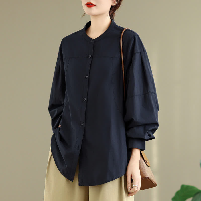 Buddha Stones Spring Fall Minimalist Tang Style Mandarin Collar Solid Women's Long Sleeve Shirts - image 9