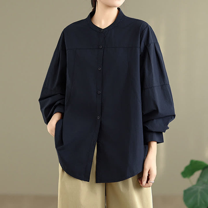 Buddha Stones Spring Fall Minimalist Tang Style Mandarin Collar Solid Women's Long Sleeve Shirts - image 7
