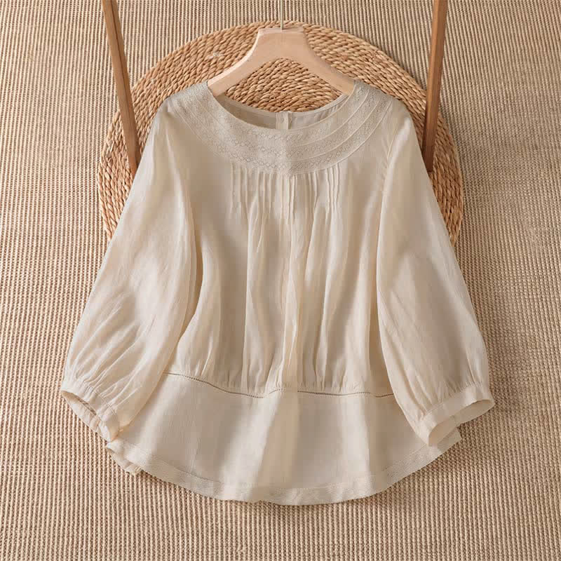 Buddha Stones Spring Summer Casual Elegant Embroidery Solid Women's Long Sleeve T-Shirt - AntiqueWhite - US12, UK/AU16, EU44 (2XL) - image 0