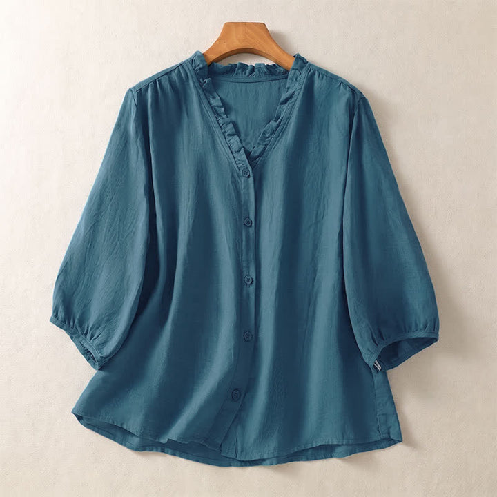 Buddha Stones Spring Summer Casual Button-Up Solid Women's Short Sleeve Shirts - Teal - US8-10, UK/AU12-14, EU40-42 (2XL) - image 13