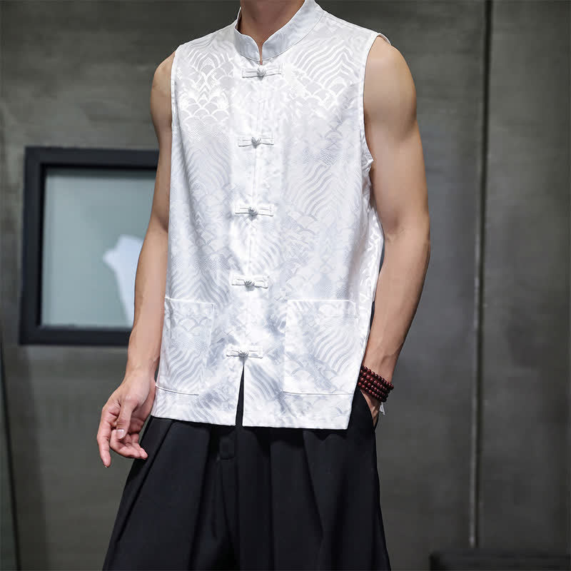 Buddha Stones Summer Tang Style Mandarin Collar Frog Button Abstract Ocean Waves Tank Top Men's Sleeveless Shirts With Pocket - image 23