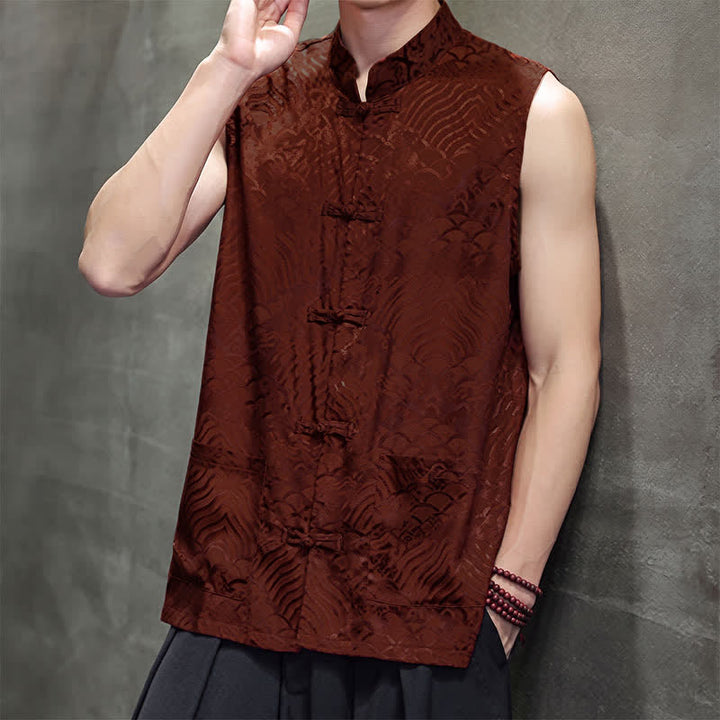 Buddha Stones Summer Tang Style Mandarin Collar Frog Button Abstract Ocean Waves Tank Top Men's Sleeveless Shirts With Pocket - image 8