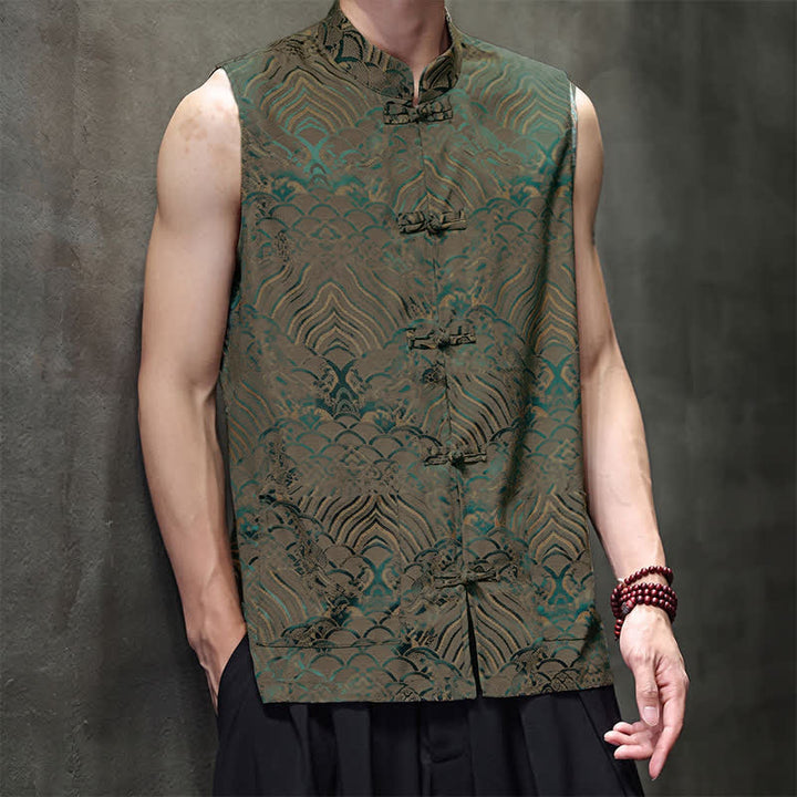 Buddha Stones Summer Tang Style Mandarin Collar Frog Button Abstract Ocean Waves Tank Top Men's Sleeveless Shirts With Pocket - image 5