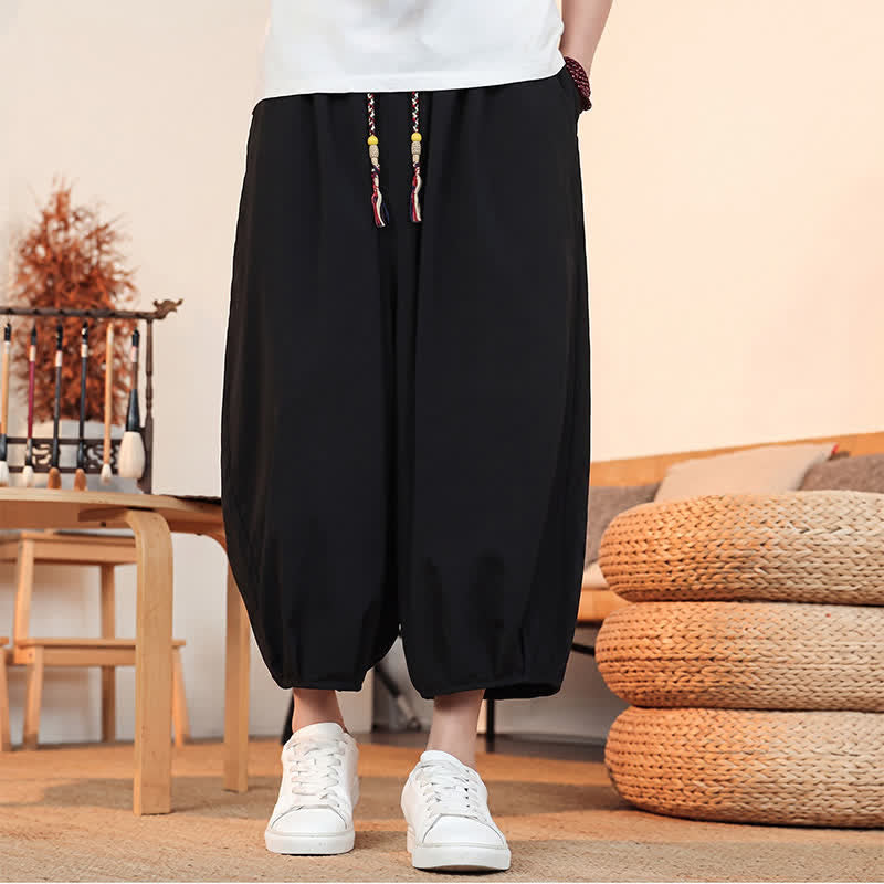 Buddha Stones Spring Summer Casual Minimalist Drawstring Solid Capri Pants Men's Harem Pants With Pocket - Black - US/UK/AU46, EU56 (5XL) - image 13