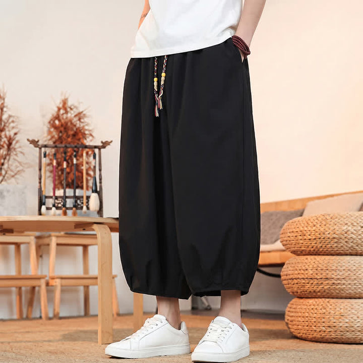 Buddha Stones Spring Summer Casual Minimalist Drawstring Solid Capri Pants Men's Harem Pants With Pocket - image 14
