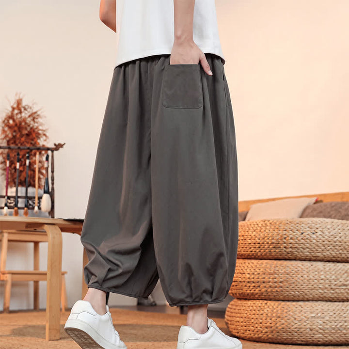 Buddha Stones Spring Summer Casual Minimalist Drawstring Solid Capri Pants Men's Harem Pants With Pocket - image 4