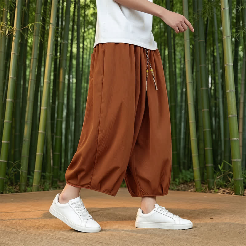Buddha Stones Spring Summer Casual Minimalist Drawstring Solid Capri Pants Men's Harem Pants With Pocket - image 29