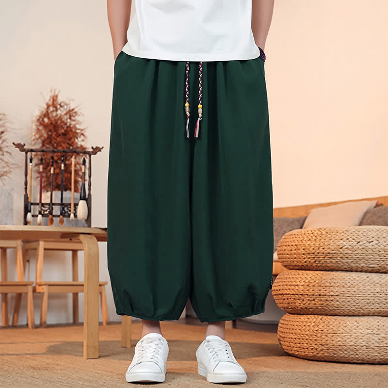 Buddha Stones Spring Summer Casual Minimalist Drawstring Solid Capri Pants Men's Harem Pants With Pocket - DarkOliveGreen - US/UK/AU46, EU56 (5XL) - image 39