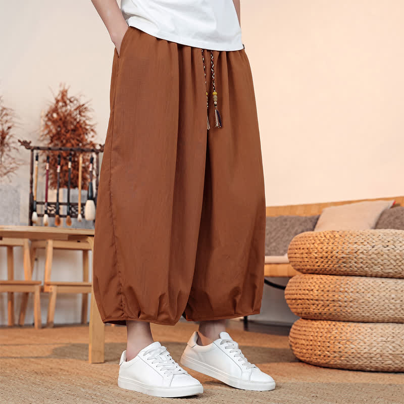 Buddha Stones Spring Summer Casual Minimalist Drawstring Solid Capri Pants Men's Harem Pants With Pocket - image 25