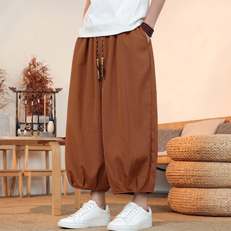 Buddha Stones Spring Summer Casual Minimalist Drawstring Solid Capri Pants Men's Harem Pants With Pocket - image 23