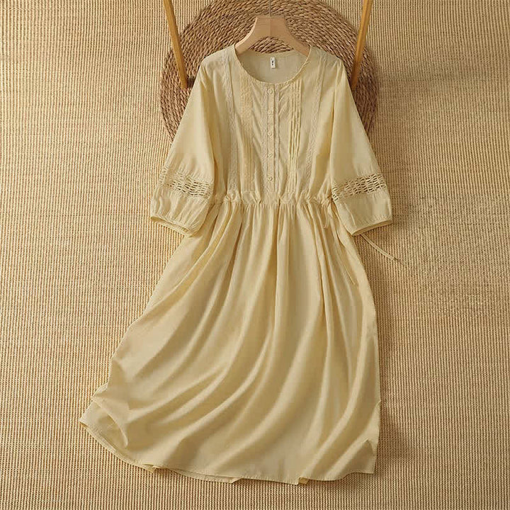 Buddha Stones 2Pcs Summer Casual Boho Solid Crew Neck Women's Elbow-Length Sleeve Dress With Pocket - PaleGoldenRod - US12, UK/AU16, EU44 (2XL) - image 0