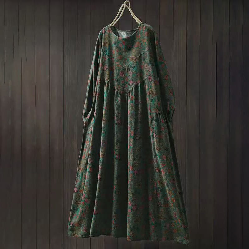 Buddha Stones Retro Floral Pattern A-line Design Long Sleeve Women's Midi Dress - DarkOliveGreen - US4-8/10，UK/AU8-12/14，EU36-40/42 (F) - image 0