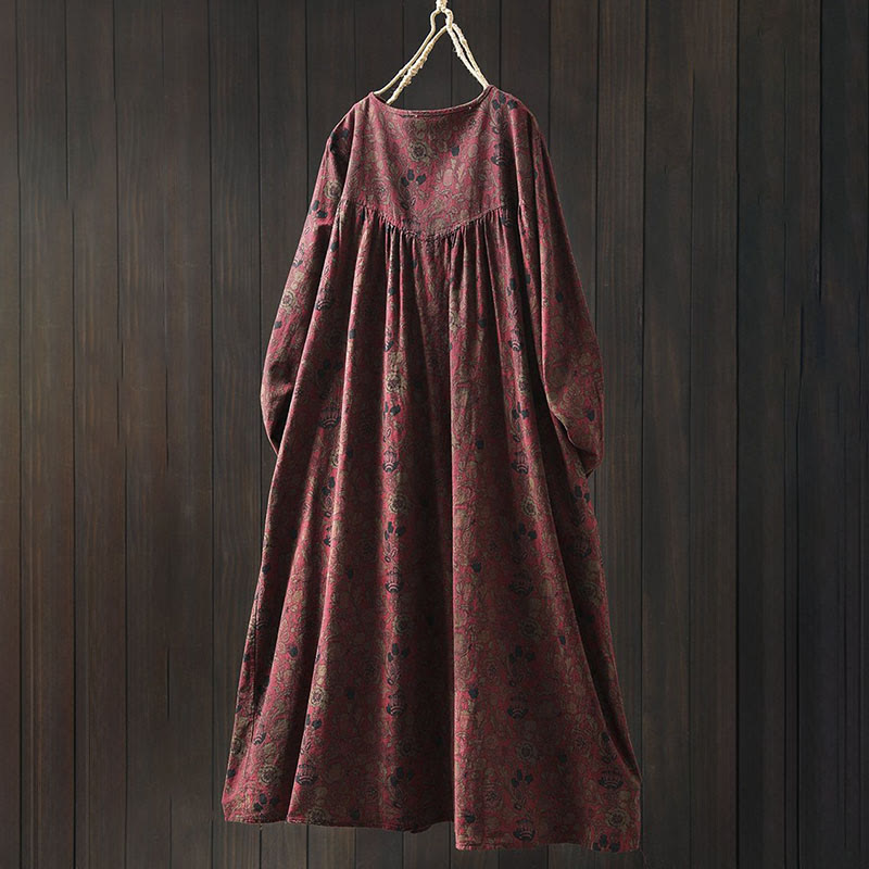 Buddha Stones Retro Floral Pattern A-line Design Long Sleeve Women's Midi Dress - image 3
