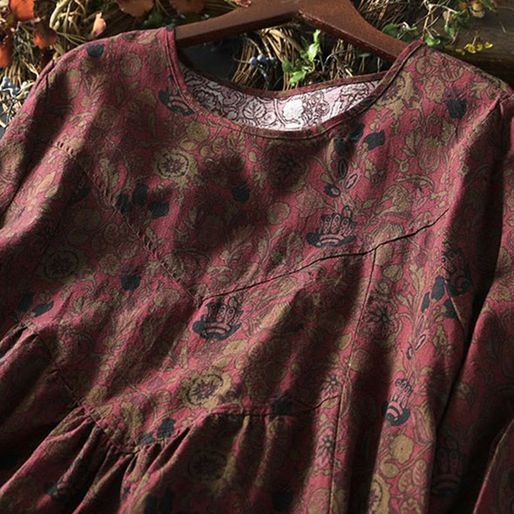 Buddha Stones Retro Floral Pattern A-line Design Long Sleeve Women's Midi Dress - image 6
