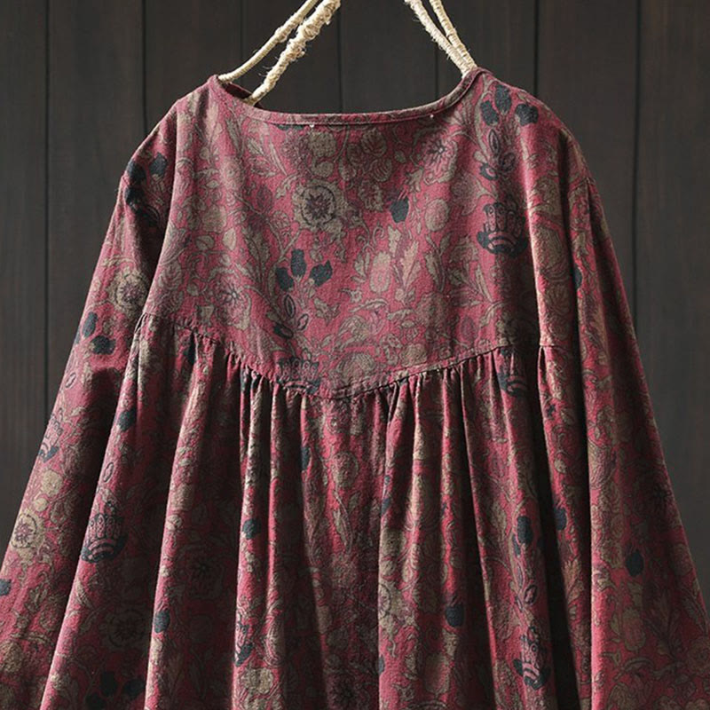 Buddha Stones Retro Floral Pattern A-line Design Long Sleeve Women's Midi Dress - image 5