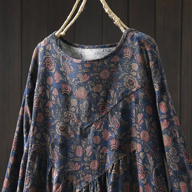 Buddha Stones Retro Floral Pattern A-line Design Long Sleeve Women's Midi Dress - image 12