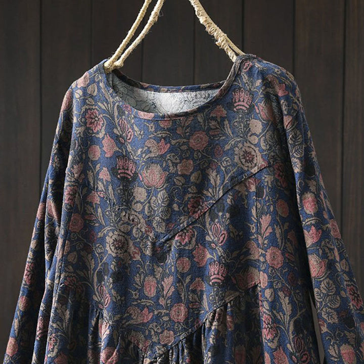 Buddha Stones Retro Floral Pattern A-line Design Long Sleeve Women's Midi Dress - image 12