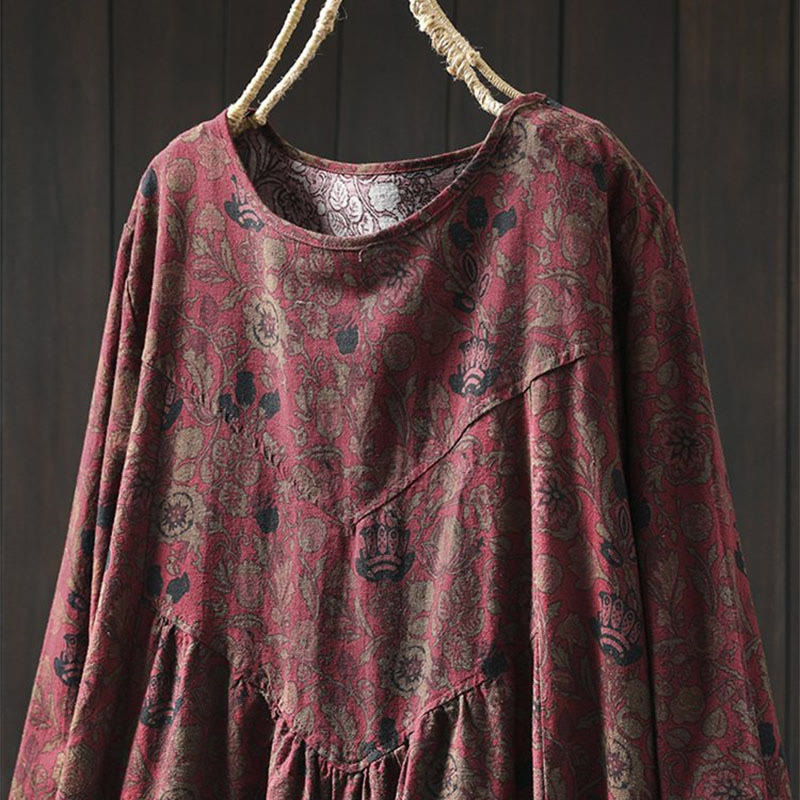 Buddha Stones Retro Floral Pattern A-line Design Long Sleeve Women's Midi Dress - image 4
