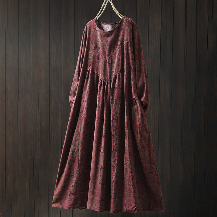 Buddha Stones Retro Floral Pattern A-line Design Long Sleeve Women's Midi Dress - FireBrick - US4-8/10，UK/AU8-12/14，EU36-40/42 (F) - image 2