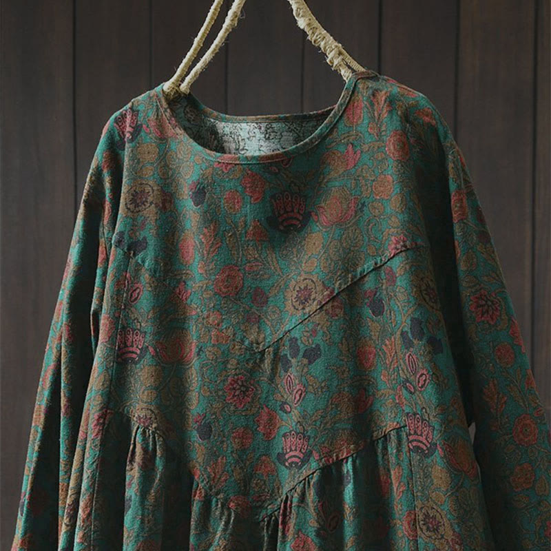 Buddha Stones Retro Floral Pattern A-line Design Long Sleeve Women's Midi Dress - image 1