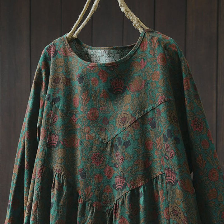 Buddha Stones Retro Floral Pattern A-line Design Long Sleeve Women's Midi Dress - image 1
